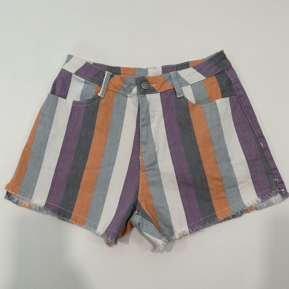 Saints & Hearts Pastel Striped High Waist Raw Hem Jean Shorts Womens Size Medium